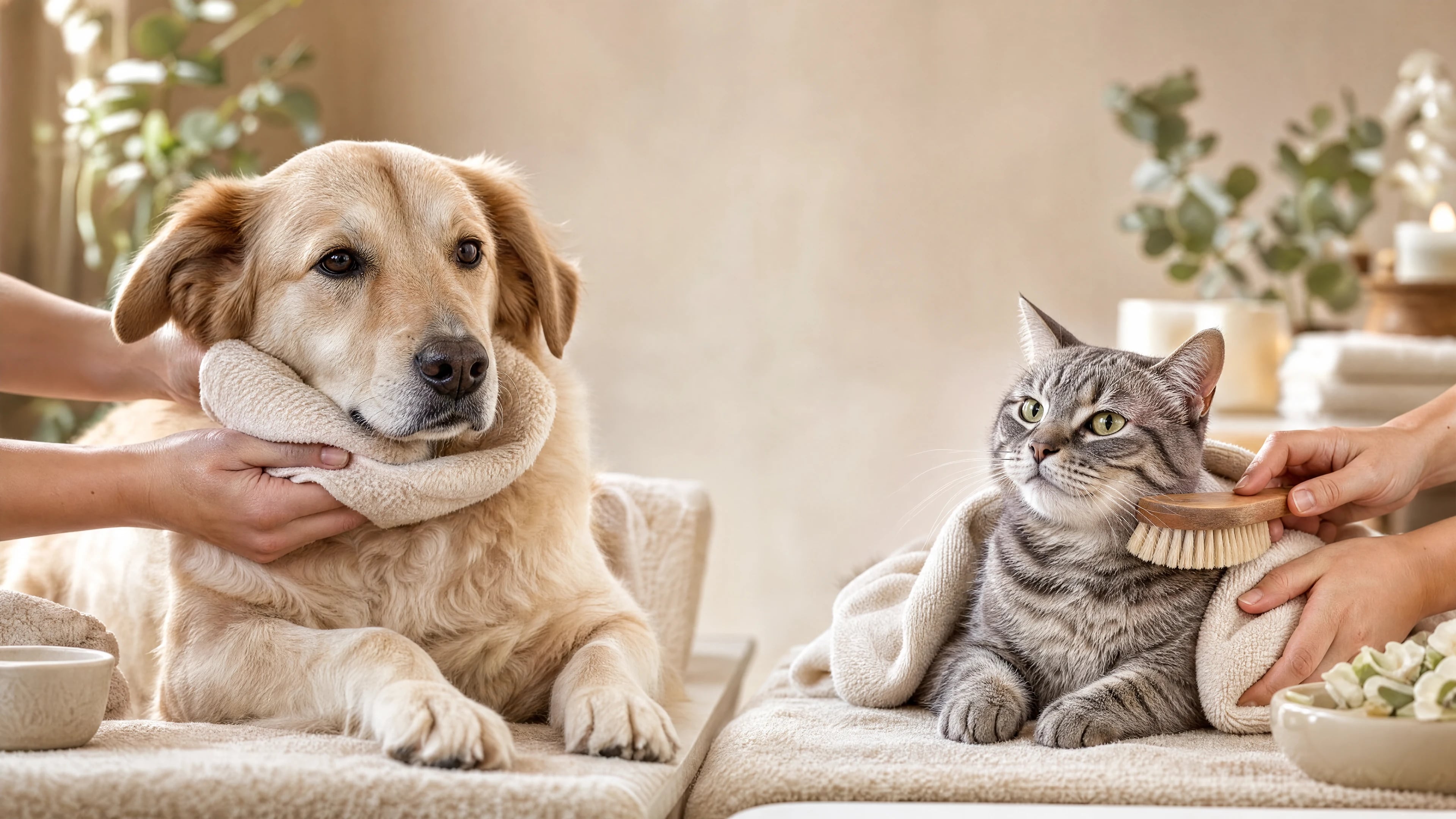 Hund und Katze bei einer sanften Behandlung im Holistic Spa