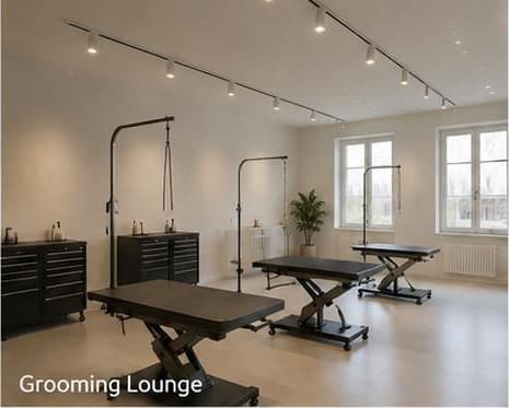 Grooming Lounge mit Pflegetischen und klaren Arbeitsbereichen